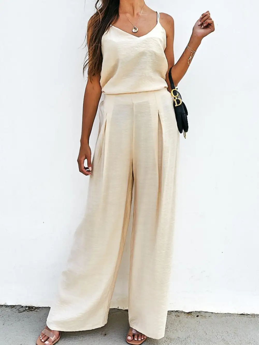Spaghetti Strap Cami And Wide Leg Pants Set