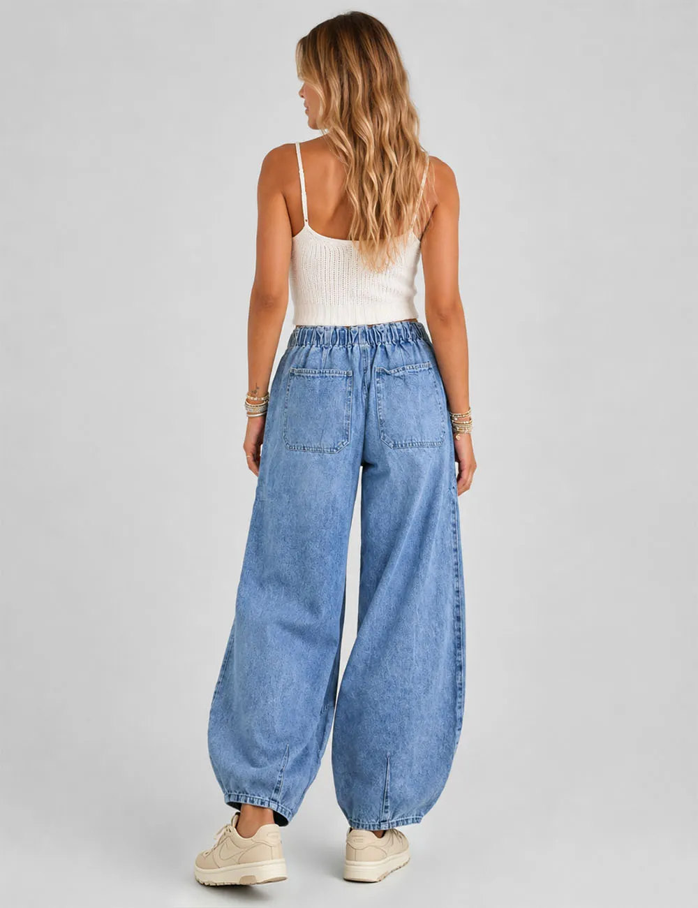 Elastic Waist String Pocket Denim Pants