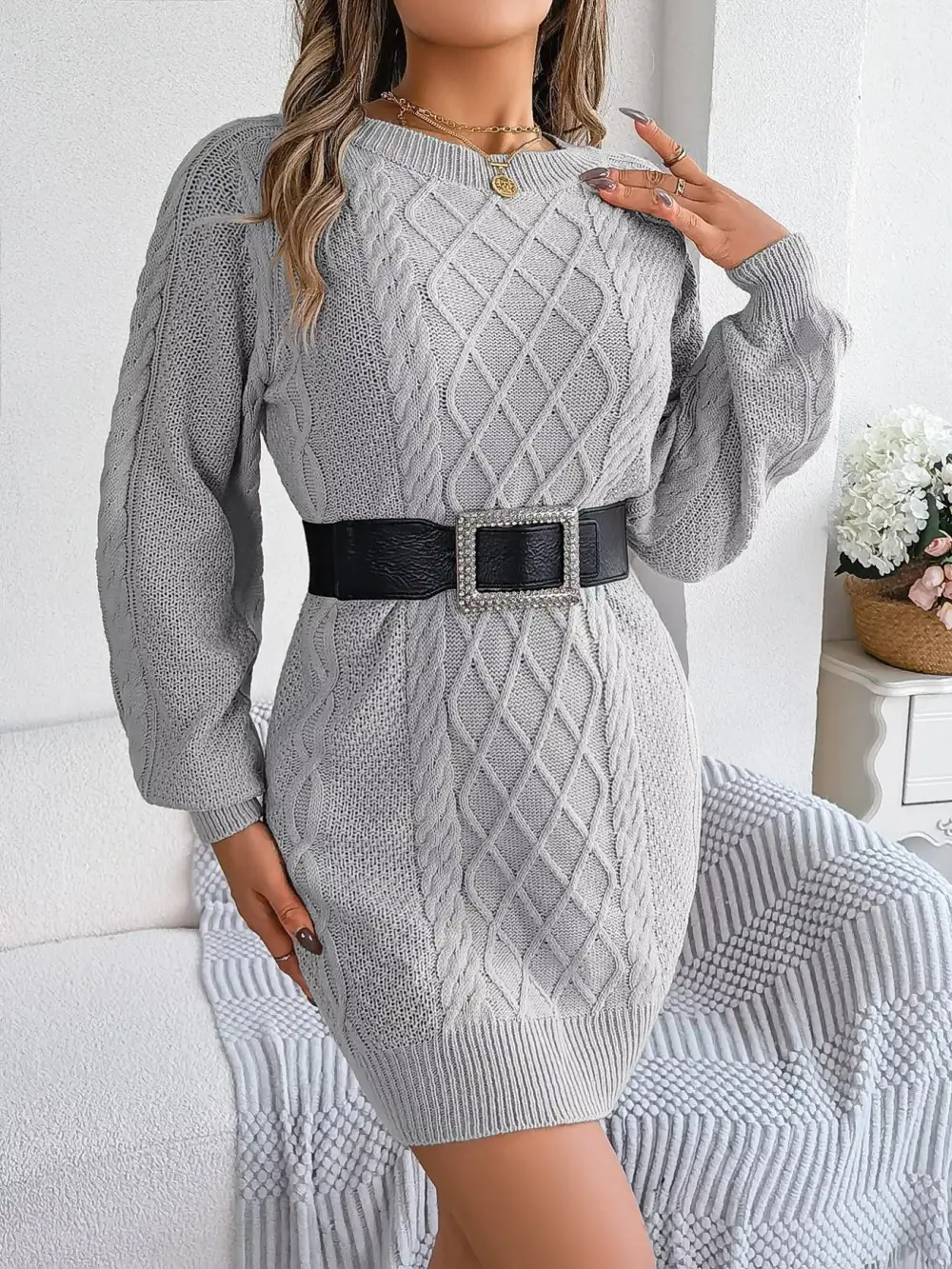 Polished Detail Knit Long Sleeve Sweater Dress