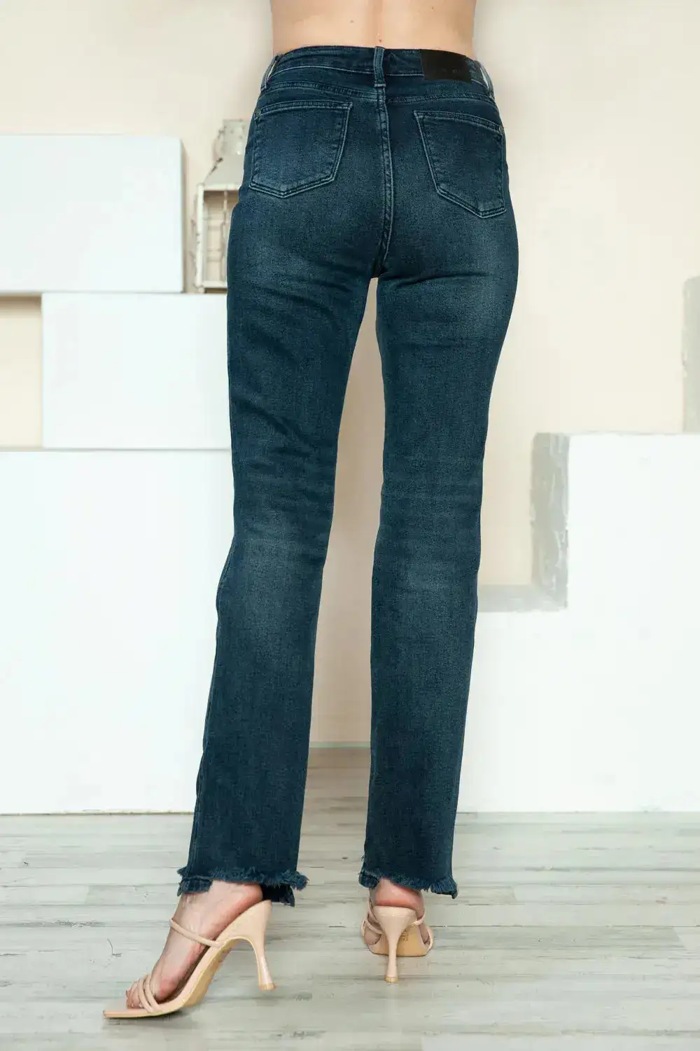 Stretch Distressed Straight-Leg Denim Jeans