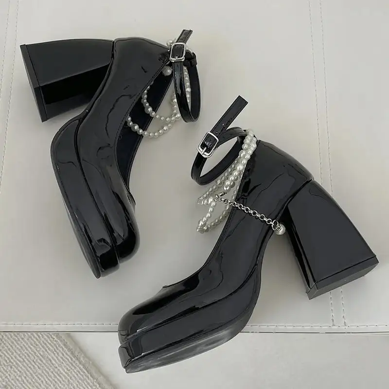 Pearl-Detail Square-Heel Platform Pumps