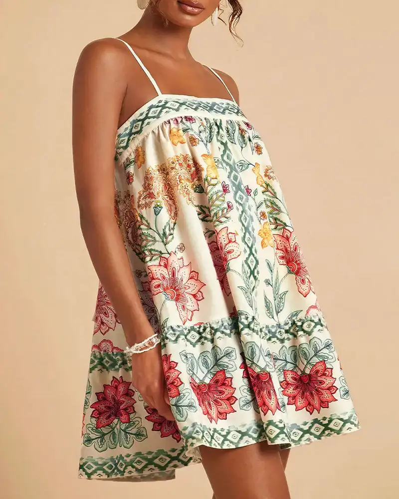 Boho Floral Print Slip Mini Dress