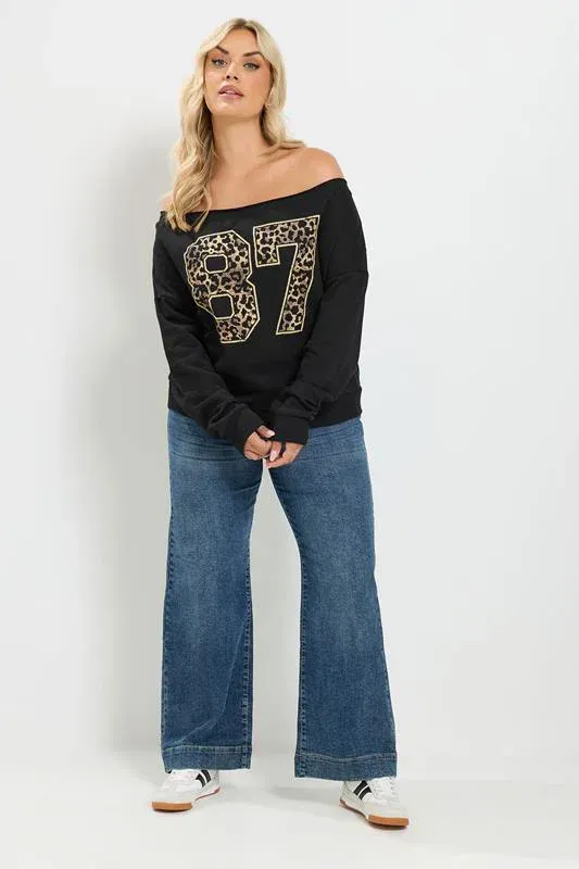 Black '87' Leopard Off Shoulder Sweatshirt