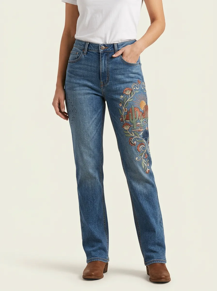 Women's Medium Wash Cactus Floral Embroidered High-Rise Straight Leg Jeans