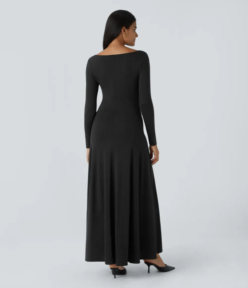 Cowl Neck Long Sleeve Flowy Flare Maxi Casual Dress