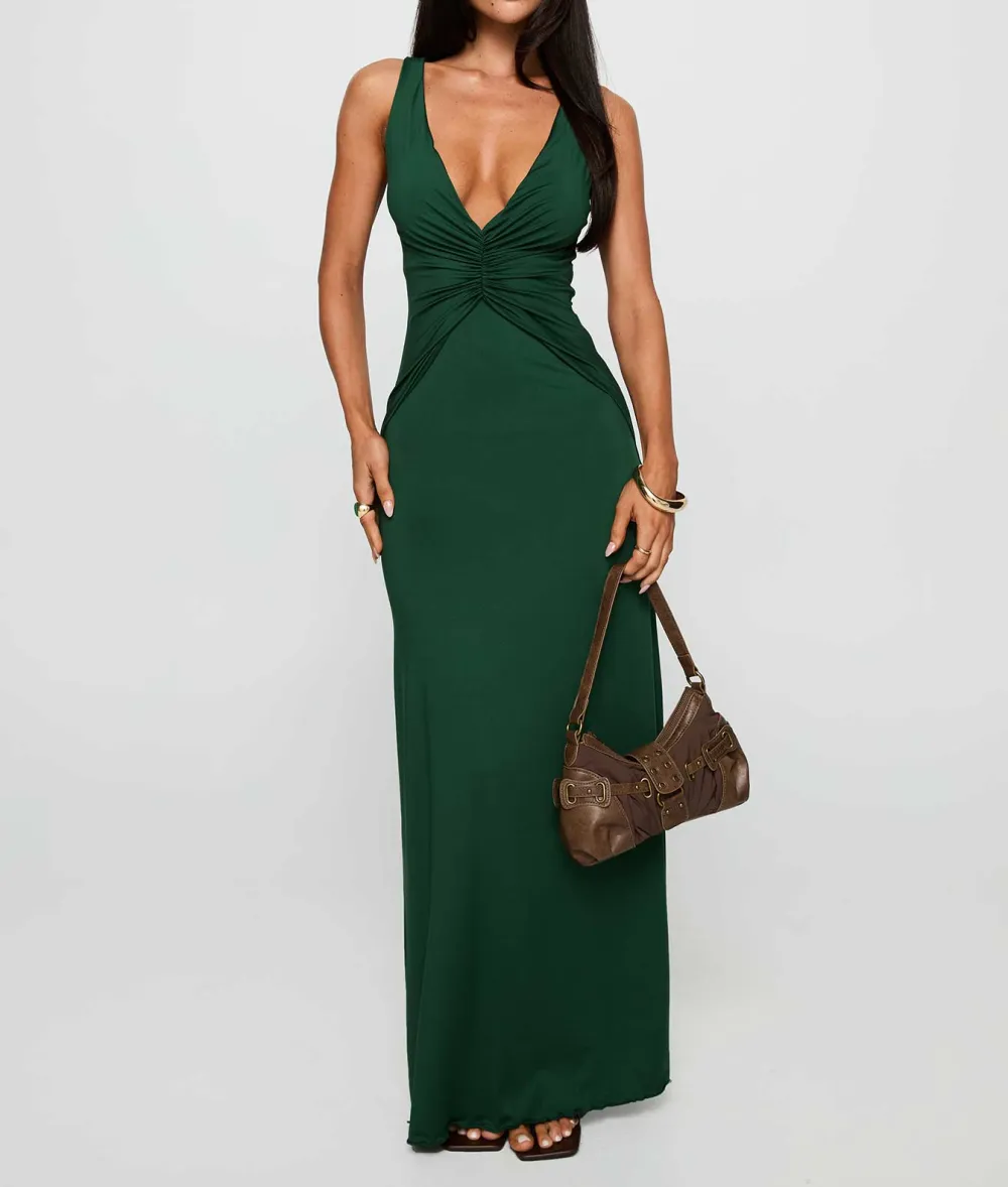 Bubble Texture Plunge Neck Maxi Dress