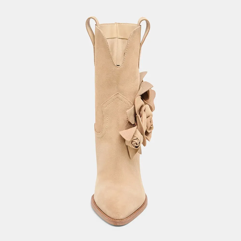 Faux-Suede Pull-On Floral Pointed-Toe Western Boots