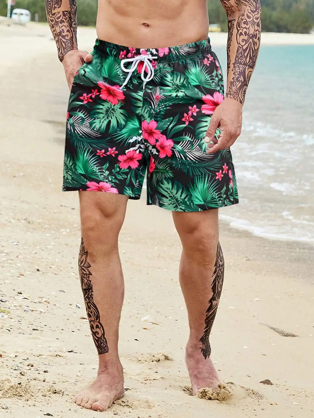 Men's Coastal Tropical Allover Print Drawstring Pocket Beach Shorts