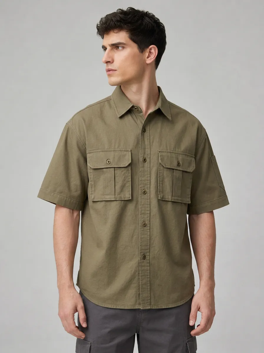 Men's Olive Green Tactical Cargo Short Sleeve Button Shirt