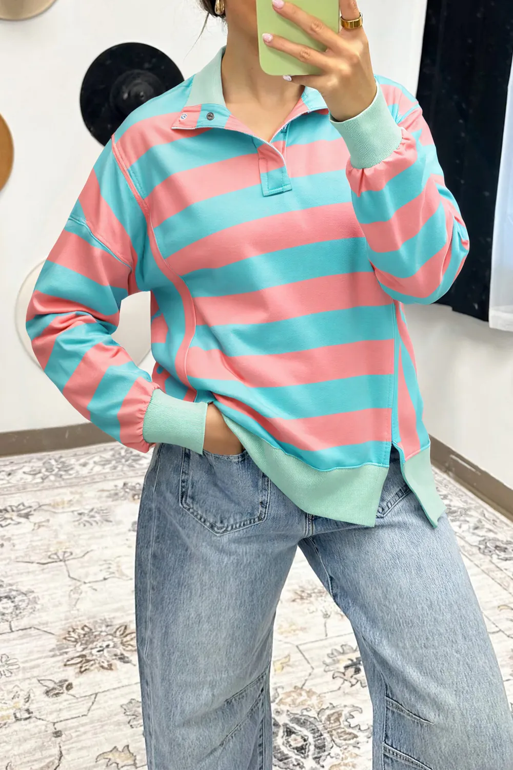 Pink Stripe Colorblock Drop Shoulder Pullover