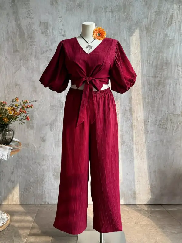 Plus Size Tie Front Puff Sleeve Top and Wide Pants