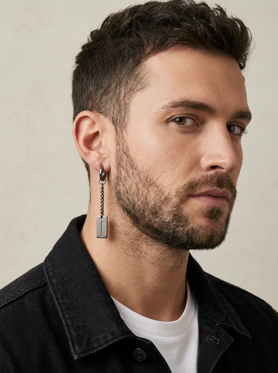 Men's Punk Chain Rectangle Pendant Hoop Earring