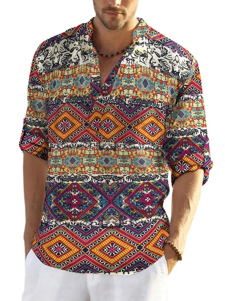 Cotton Linen Printed Henley Shirt