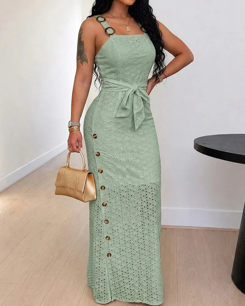 Women's open-back, side-slit embroidered spaghetti strap dress