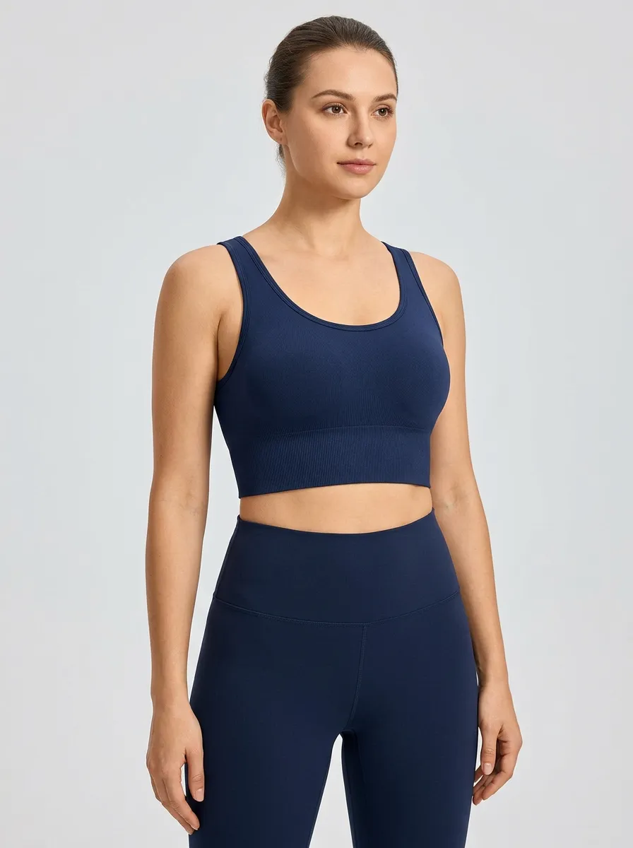 Women's Scoop-Neck Ribbed Seamless Wide-Strap Wide-Band Moderate-Coverage Sports Bra