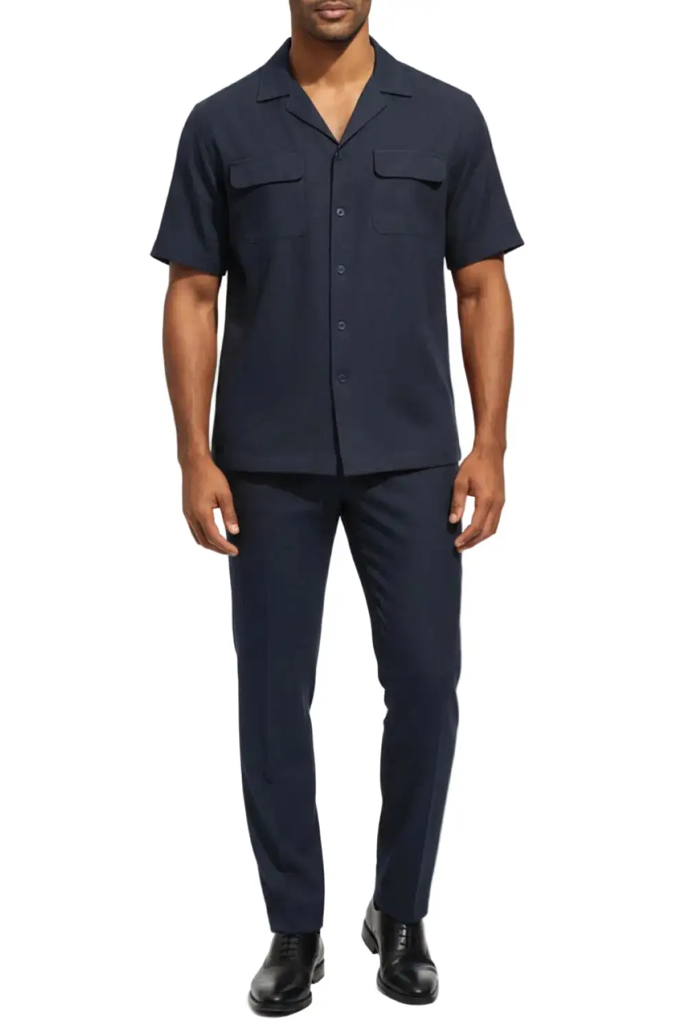 Navy Regular Fit Linen Flat Front Short Sleeve Walking Suit Set