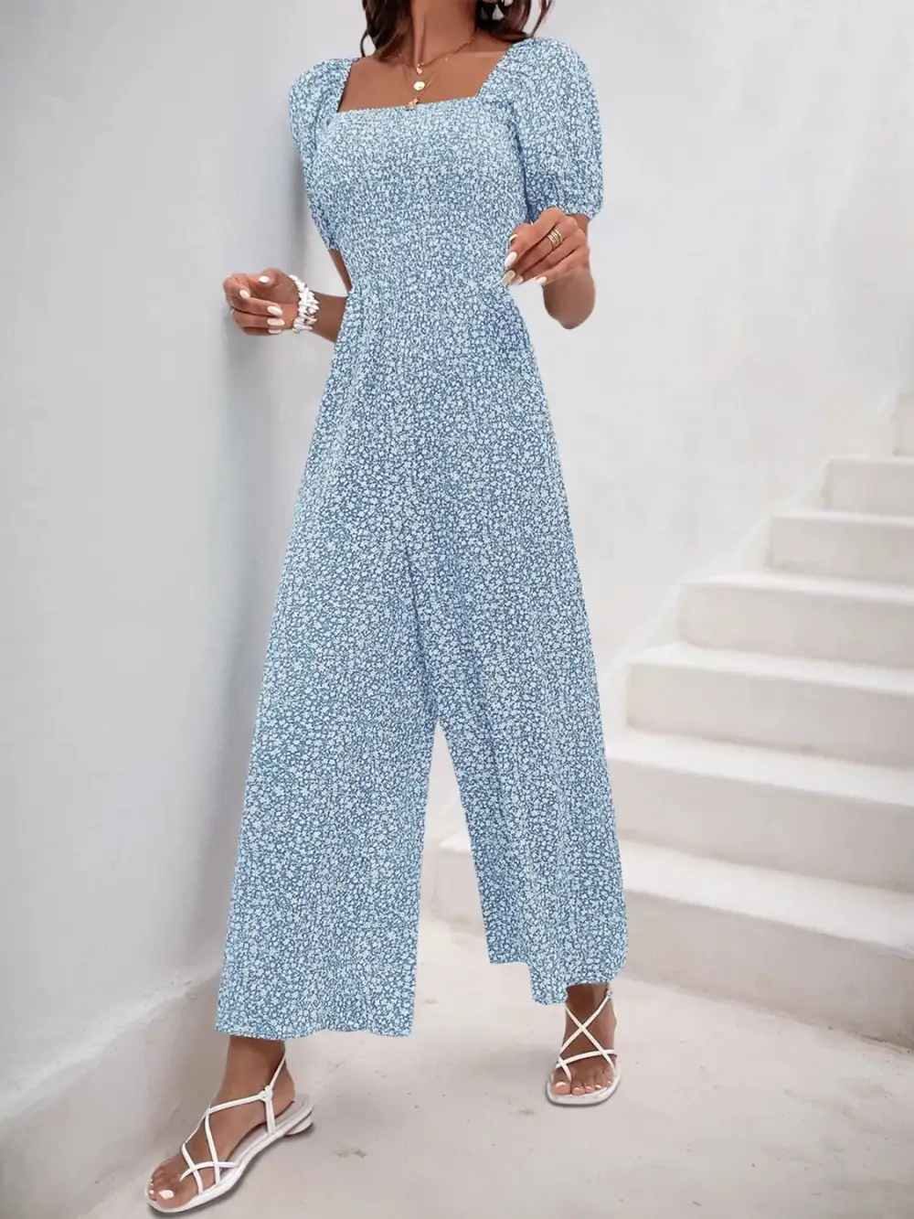 Printed Square Neck Puff Sleeve Everyday Jumpsuit