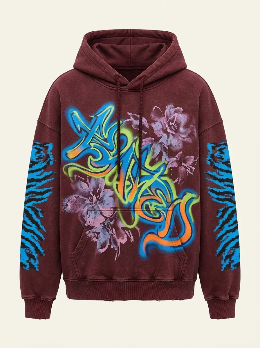 Unisex Streetwear Graffiti Floral Tiger Sleeve Graphic Hoodie
