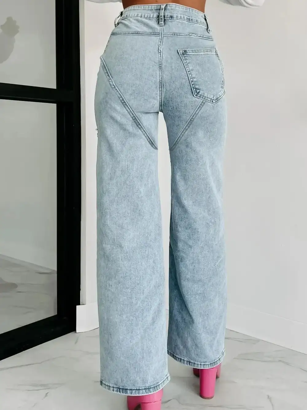 Ribbed Elastic Waist Denim Jeans