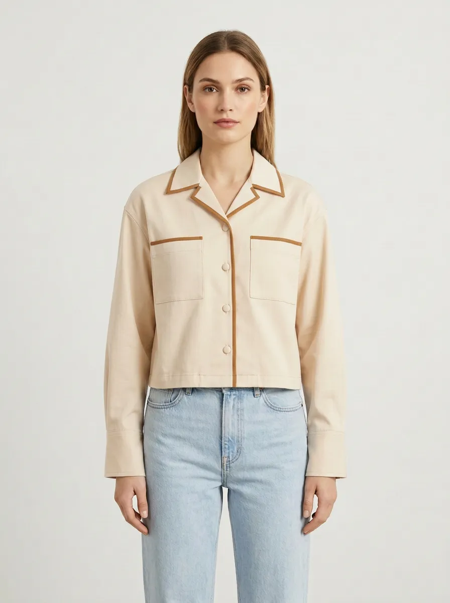 Women's Contrast-Trim Camp-Collar Dual-Pocket Shirt