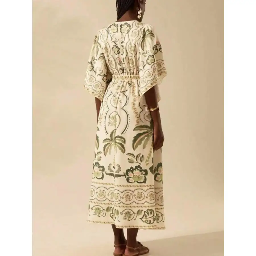 Palm Print V-neck Midi Dress