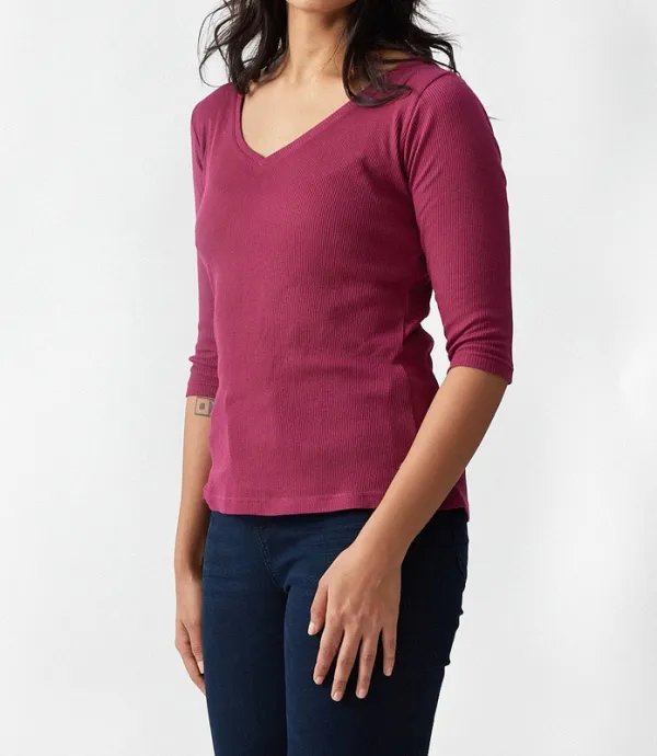 Berry Pink Ribbed V-Neck Tee