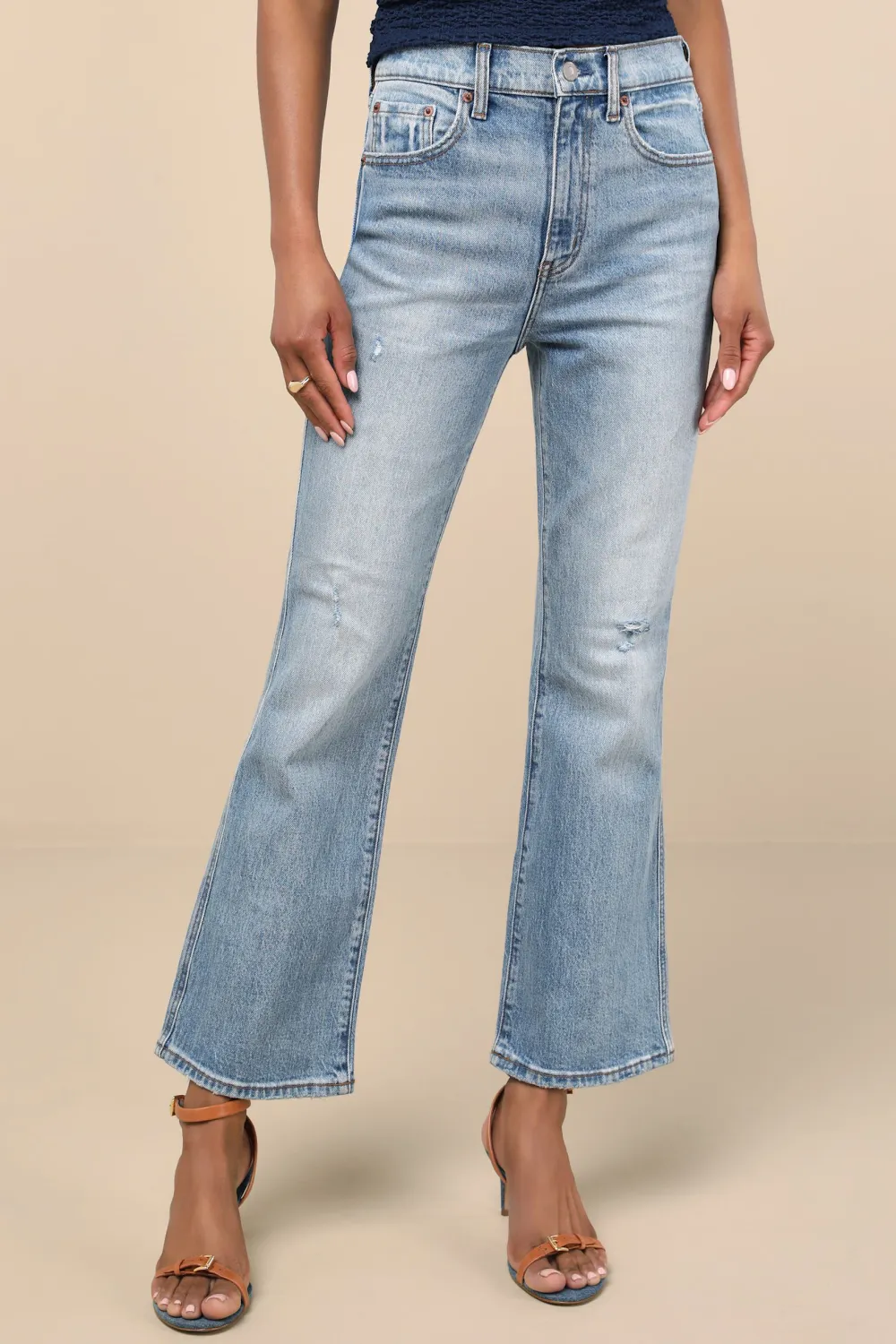 Casual Style Faded Distressed High-Rise Flare Jeans
