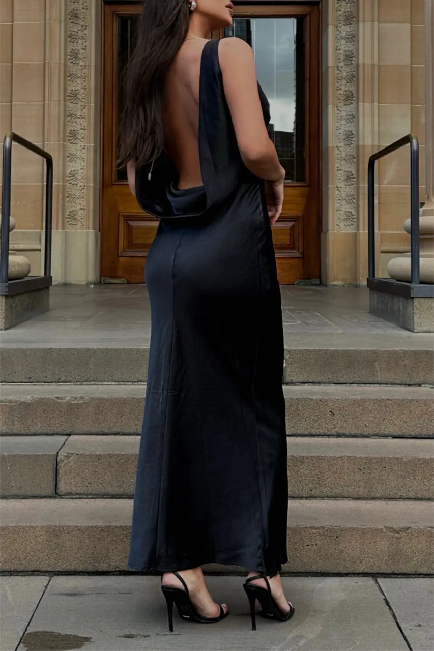 Plunging Neck Satin Maxi Dress