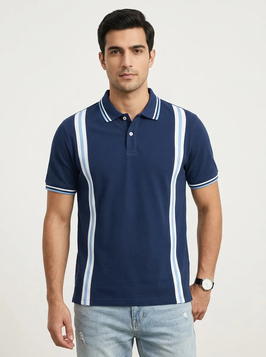 Men's Casual Navy Blue Vertical Striped Printed Polo Shirt