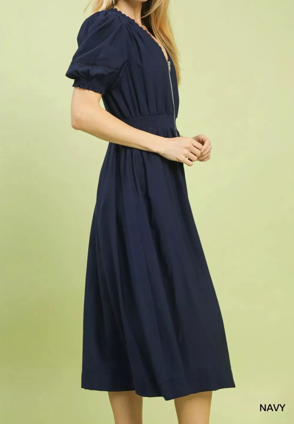 Front Zip-Front Smocked Waist Midi Dress