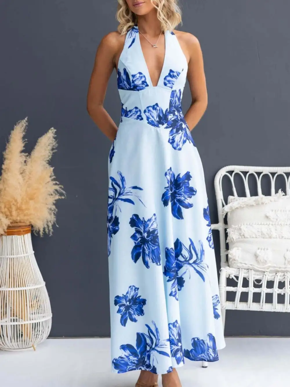 Casual Floral Print Halter Neck Maxi Dress