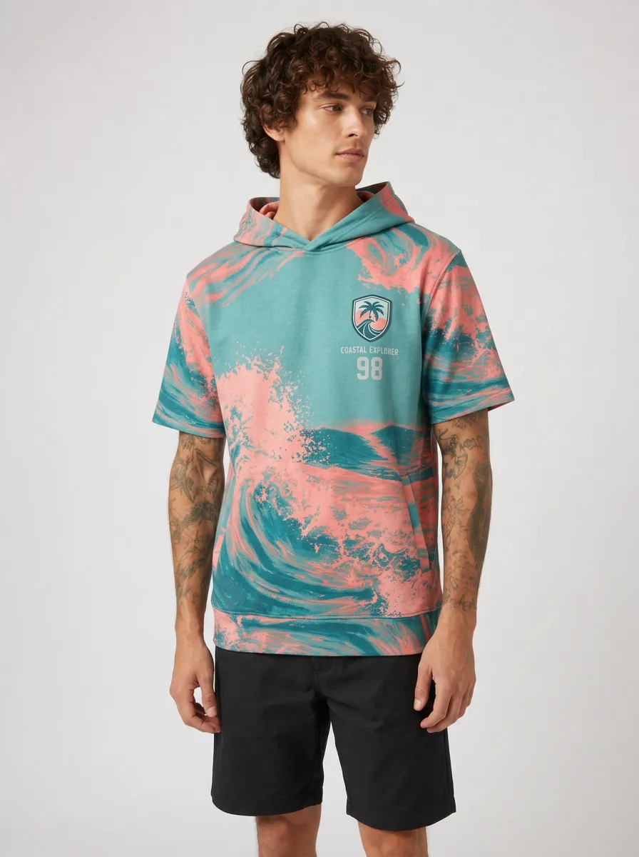 Men's Coastal Explorer Ocean Wave Printed Short Sleeve Hoodie