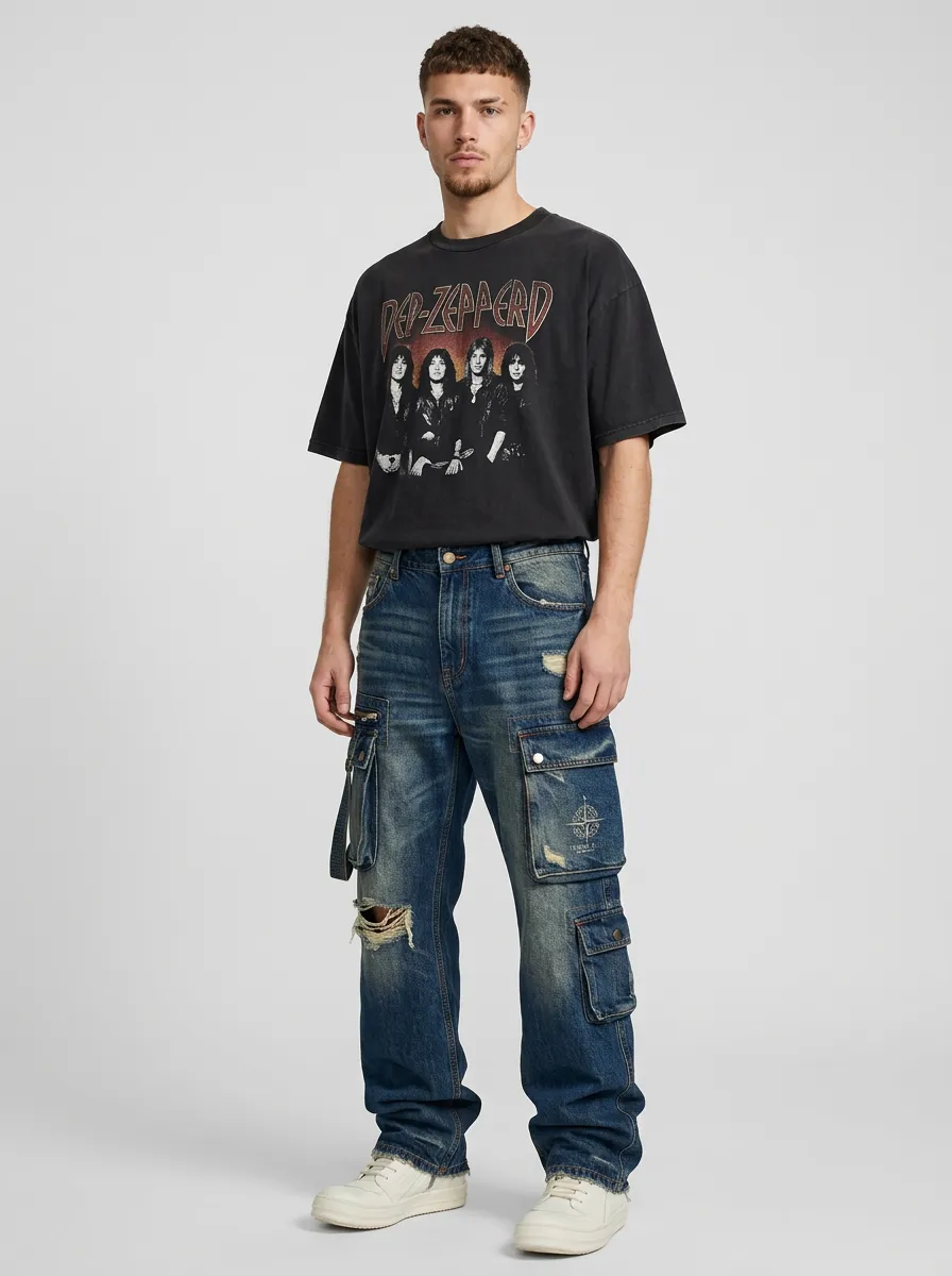 Men's Streetwear Compass Graphic Distressed Printed Cargo Jeans