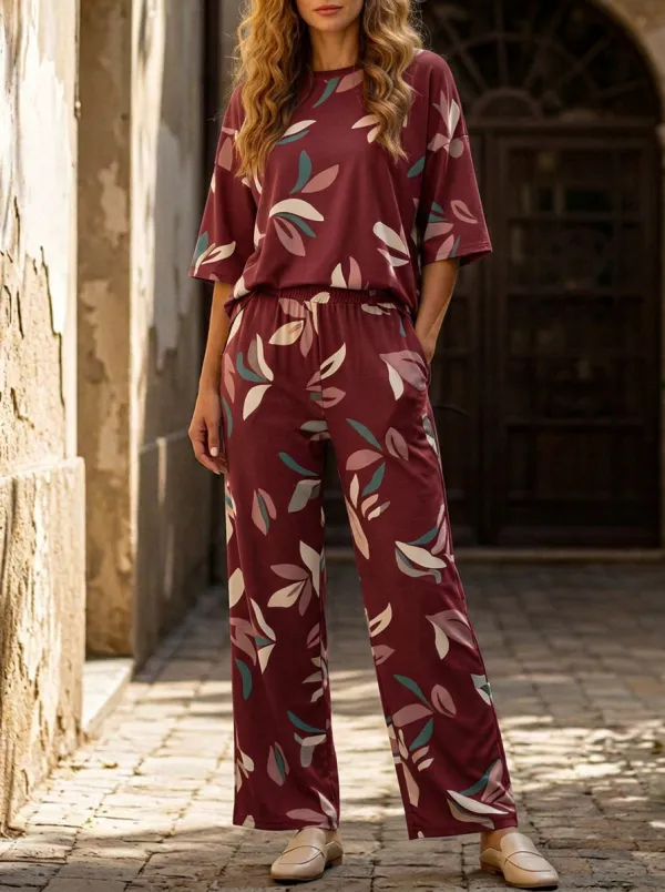 Women's Botanical Leaf Print Elbow-Sleeve Top And Straight-Leg Trouser Lounge Set