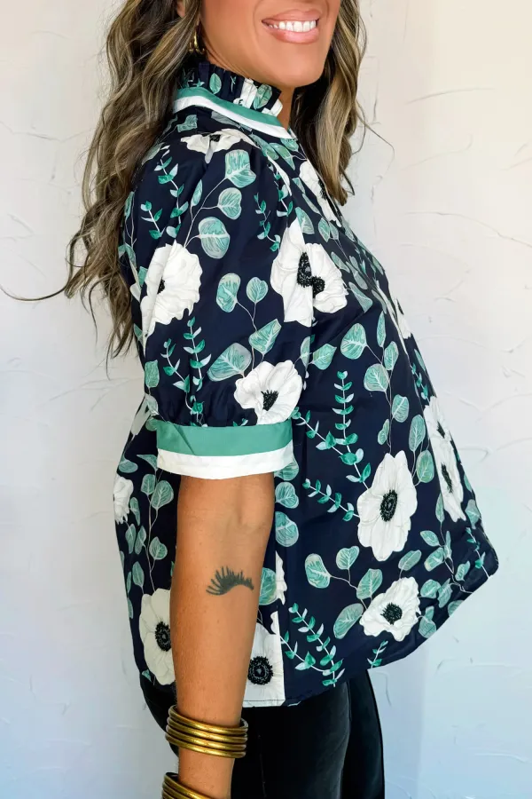 Blue Floral Print Striped Patchwork Blouse
