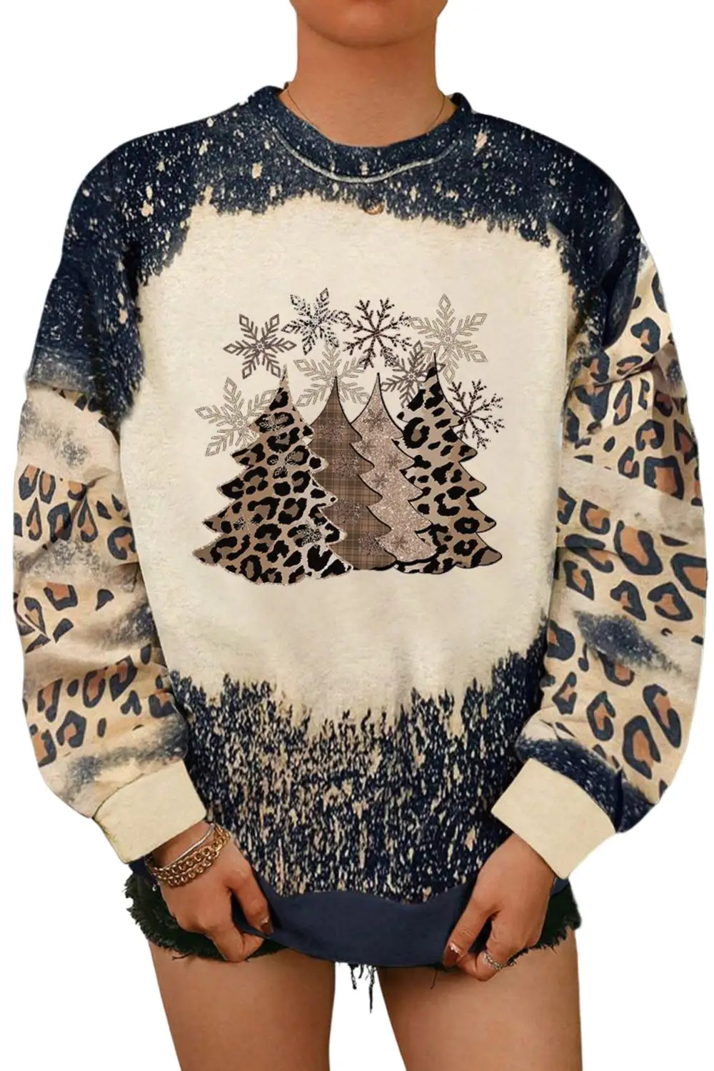 PRAY Letter Leopard Bleached Color Block Sweatshirt