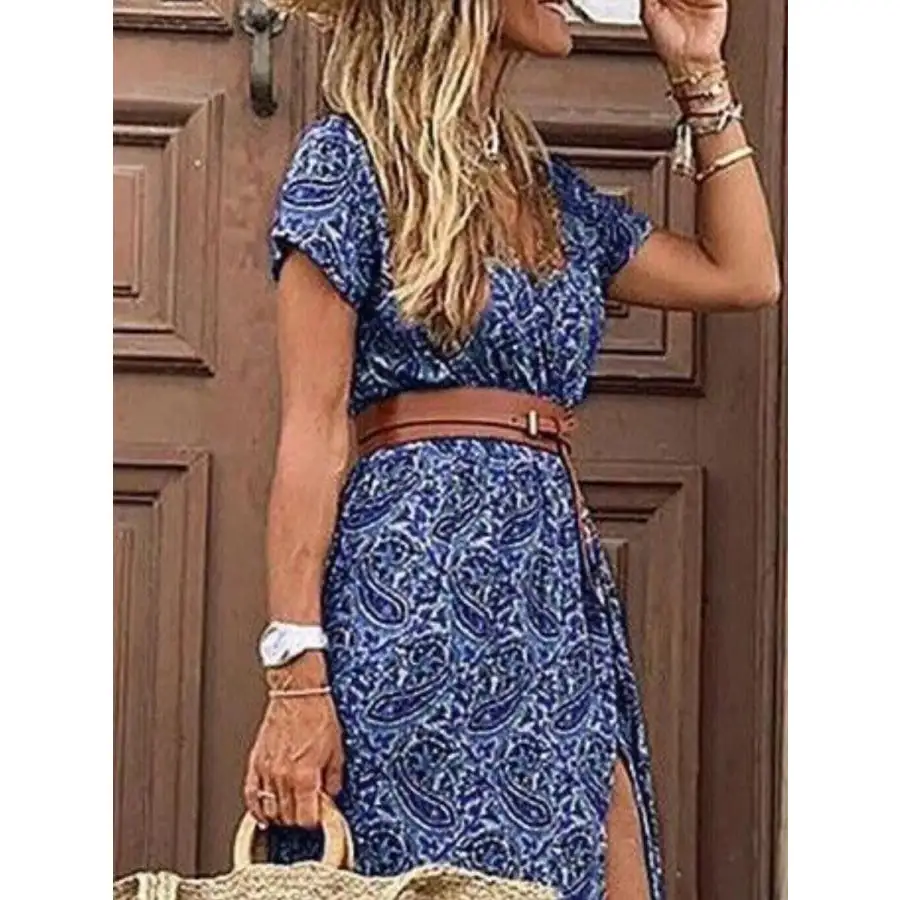 Full Size Printed V Neck Short Sleeve Maxi Dress Plus Size