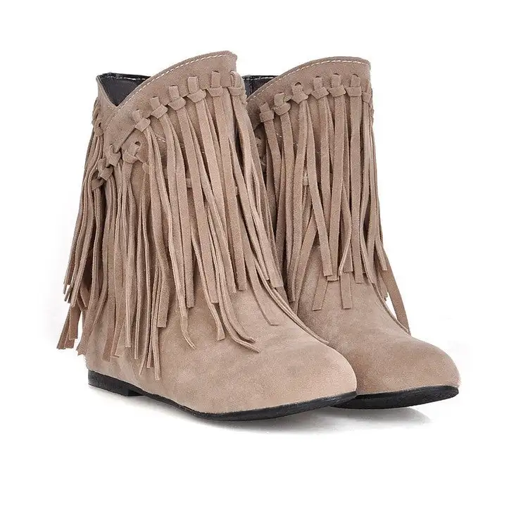 Solid Tassel Suede Flat Heel Fringe Boots
