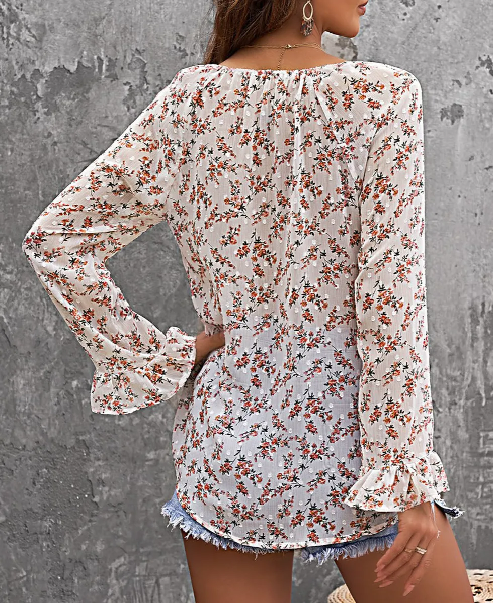 Floral Print Drawstring Long Bell Sleeve Blouse