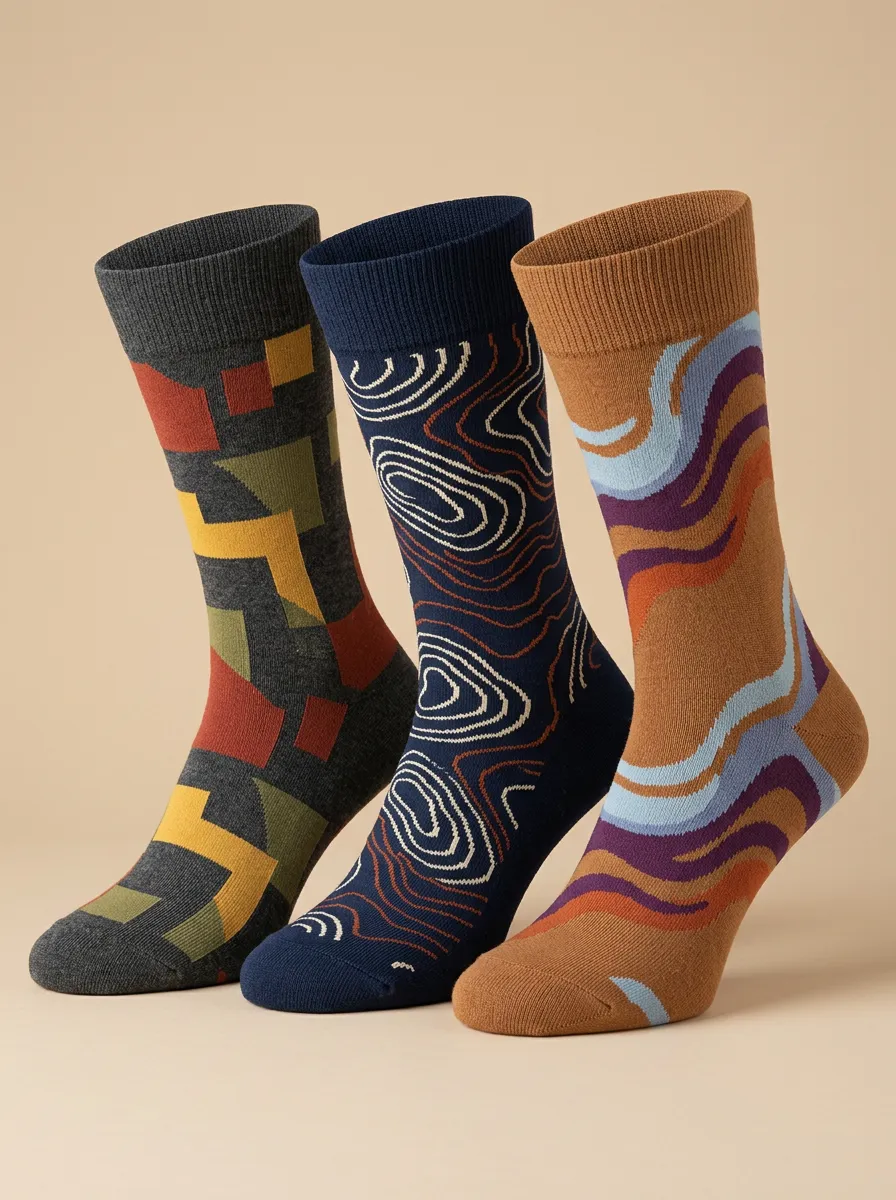 Men's Geometric Topographic Abstract Three-Pack Socks