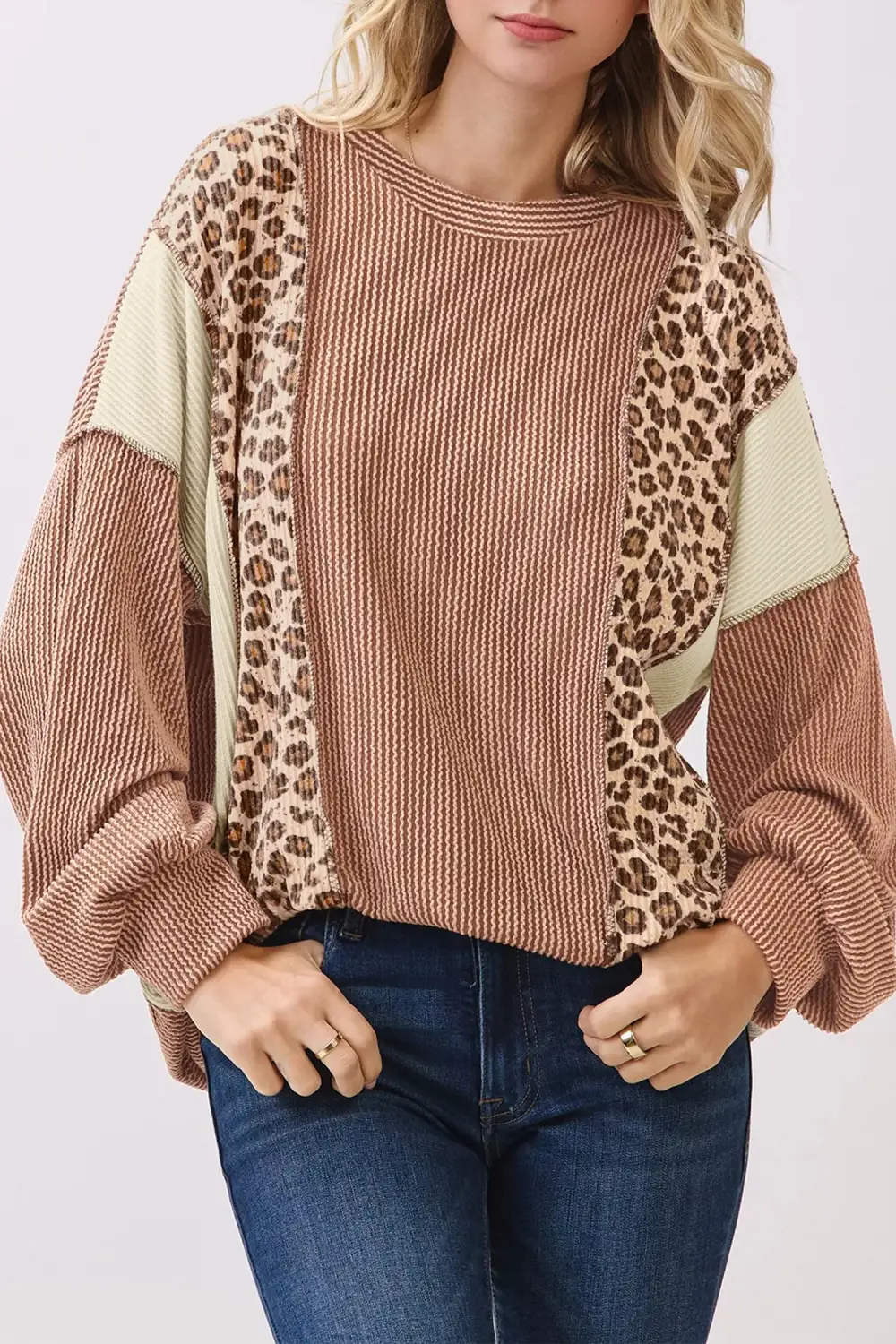 Leopard Print Round Neck Ribbed Relaxed Viscose Blend Long Sleeve Top