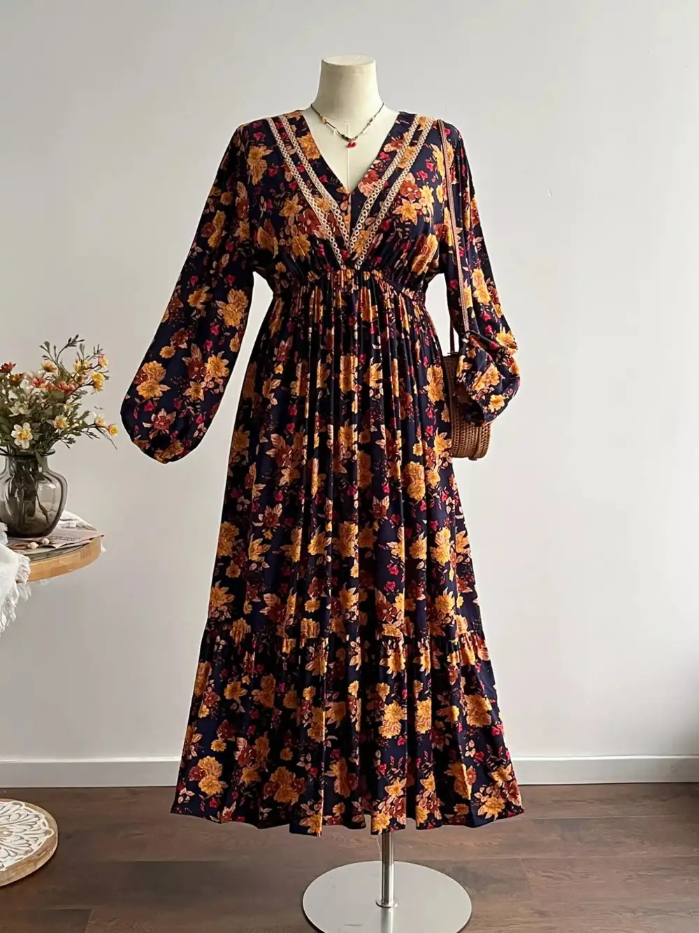 Plus Size Floral Print V Neck Maxi Dress