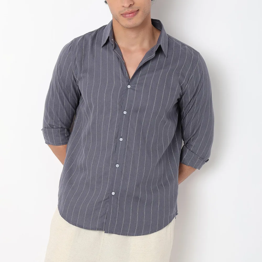 Striped Slim Fit Linen Blend Men's Formal Shirt