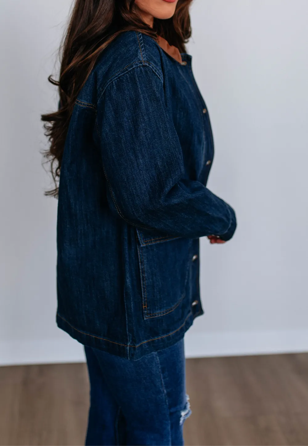 Collared Zip-Front Button-Cuff Drop-Shoulder Leather Jacket