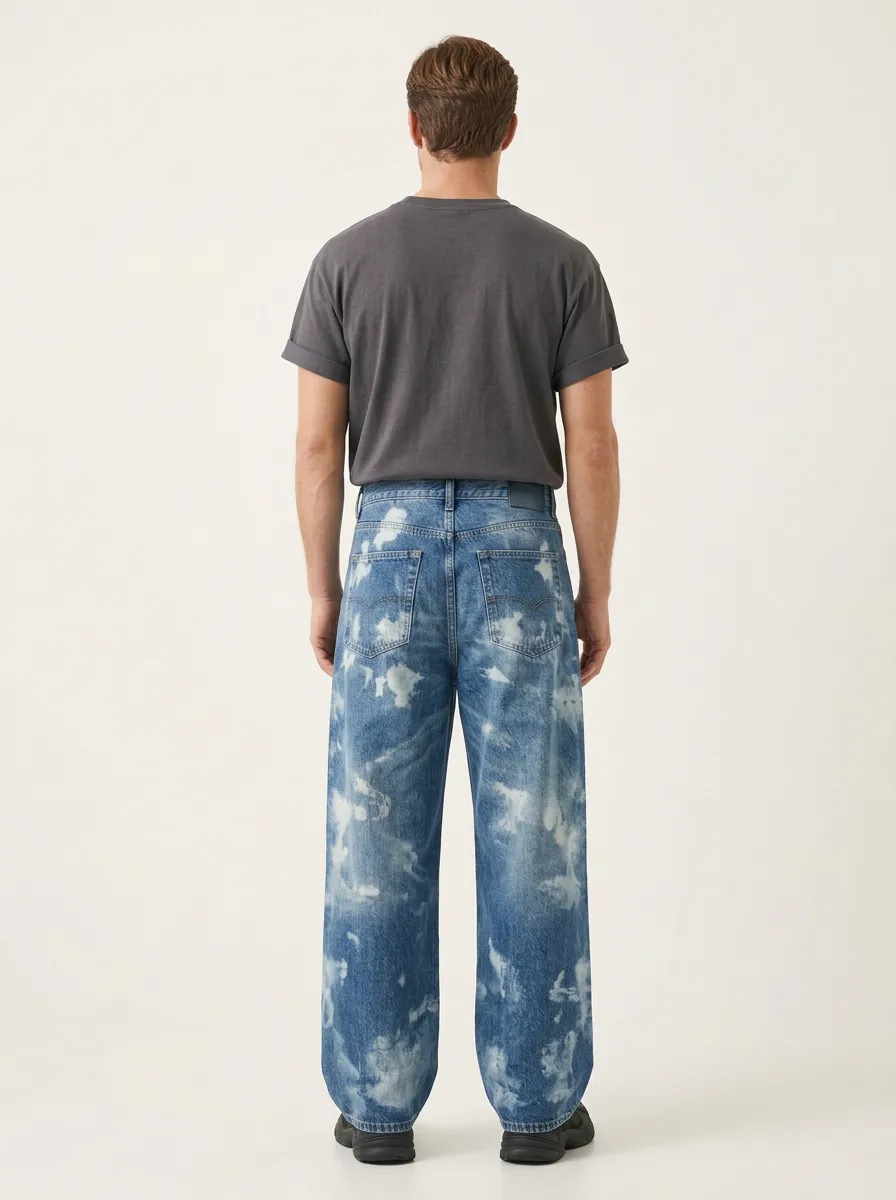Men's Casual Fashion Bleached Cloud Pattern Printed Wide Leg Jeans