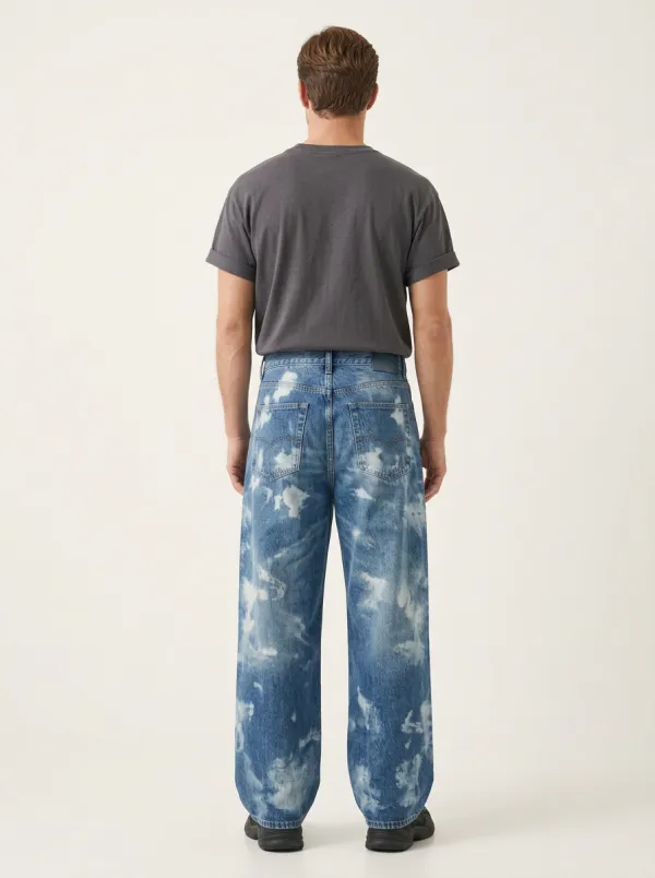 Men's Casual Fashion Bleached Cloud Pattern Printed Wide Leg Jeans