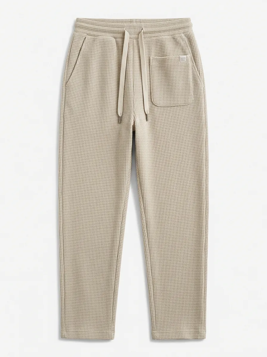 Unisex Casual Minimalist Beige Waffle Knit Drawstring Jogger Pants