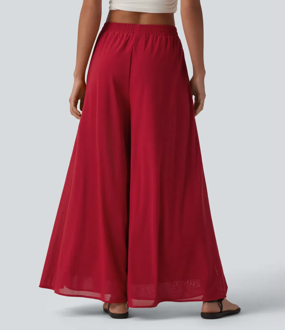 High Waisted Pocket Mesh Overlay Wide Leg Casual Pants