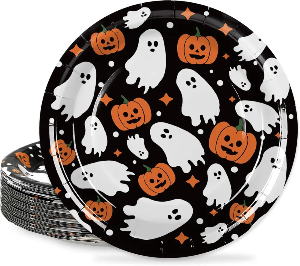 24Pcs Halloween Paper Plates Cute Ghost Pumpkin Disposable Plates 9 Inch Black Decorative Dinner Dessert Plate for Party Tableware Supplies
