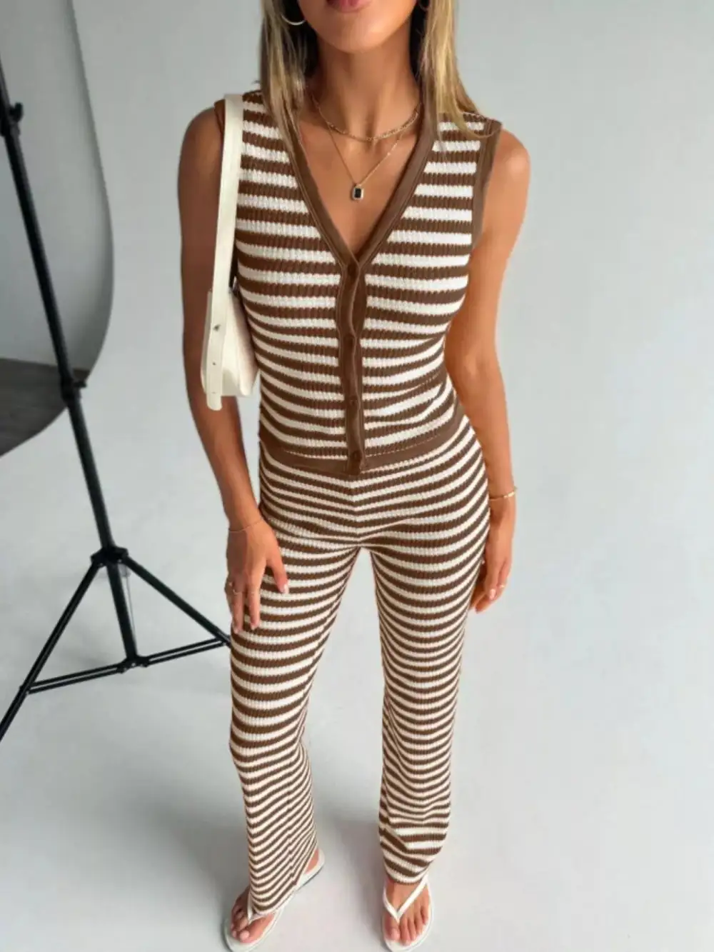 Striped Knit V Neck Button Up Sleeveless Top and Pants
